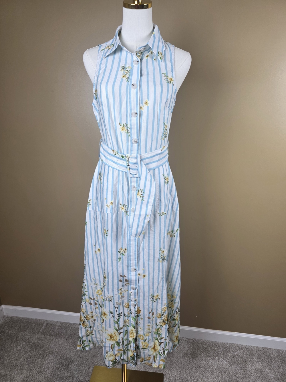 Floral Striped Sleeveless Belted Midi Dress - Picture 5 of 6
